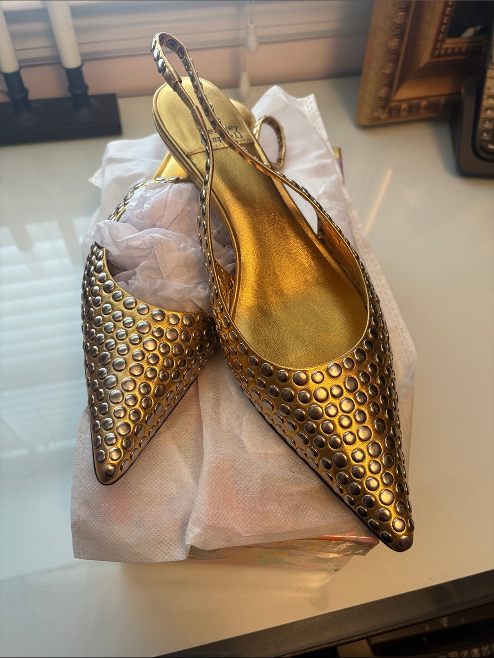 Jeffrey Campbell Gold Studded Pointed Slingback Flats